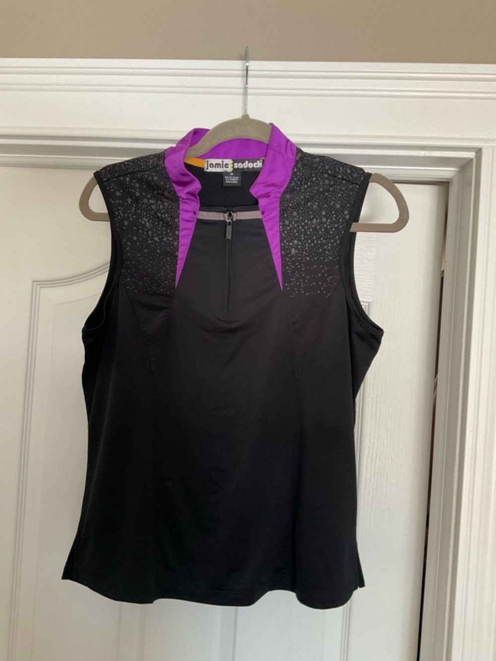 jamie sadock Black Tank Top with Purple Collar and Speckled Shoulders
